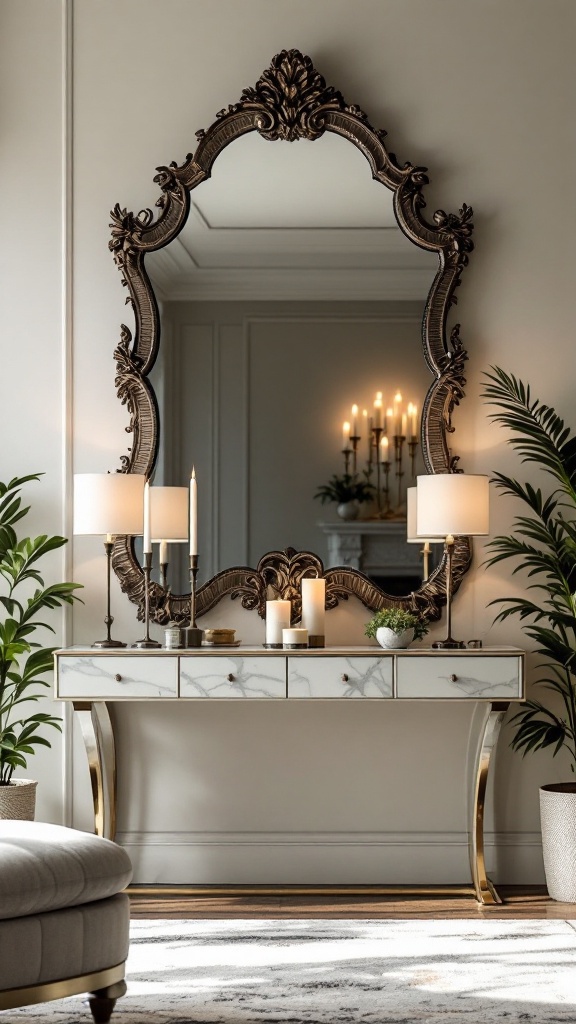 A large ornate mirror above a stylish console table with candles and plants.