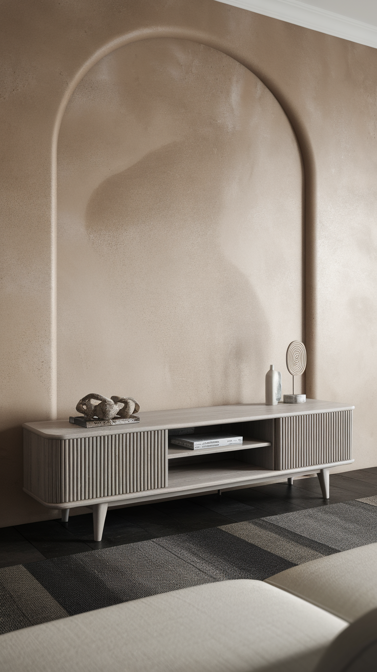 A modern decorative TV stand against a textured accent wall in a living room