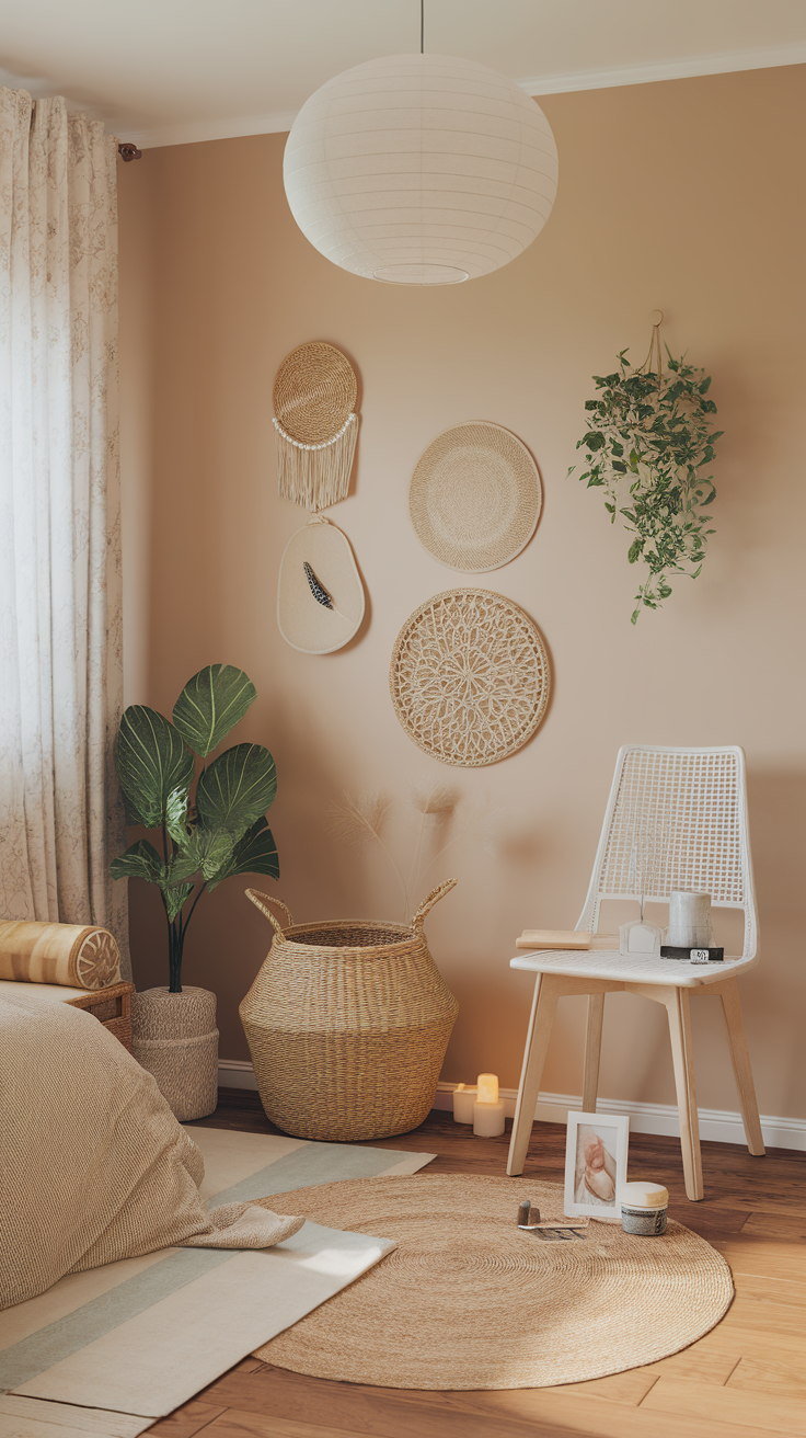 Cozy bedroom with aesthetic storage baskets and boho decor