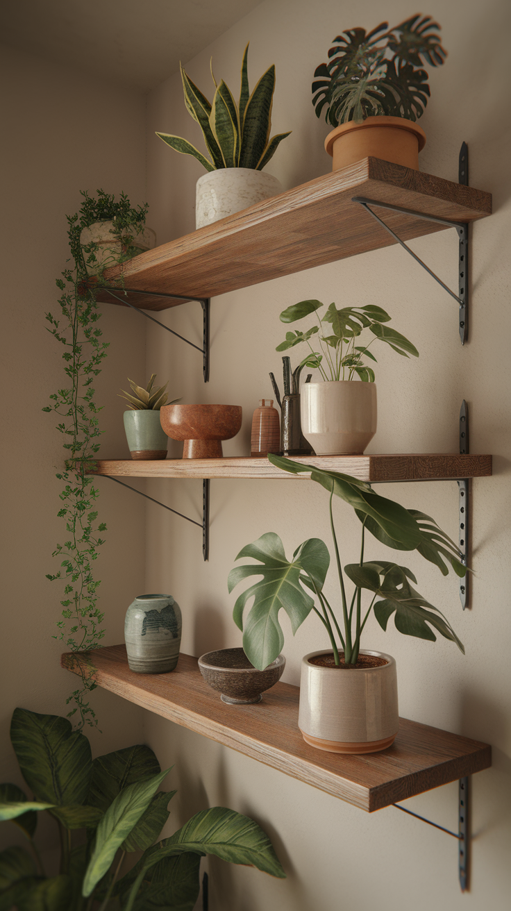 Floating wooden shelves with various plants and pots arranged on a wall.