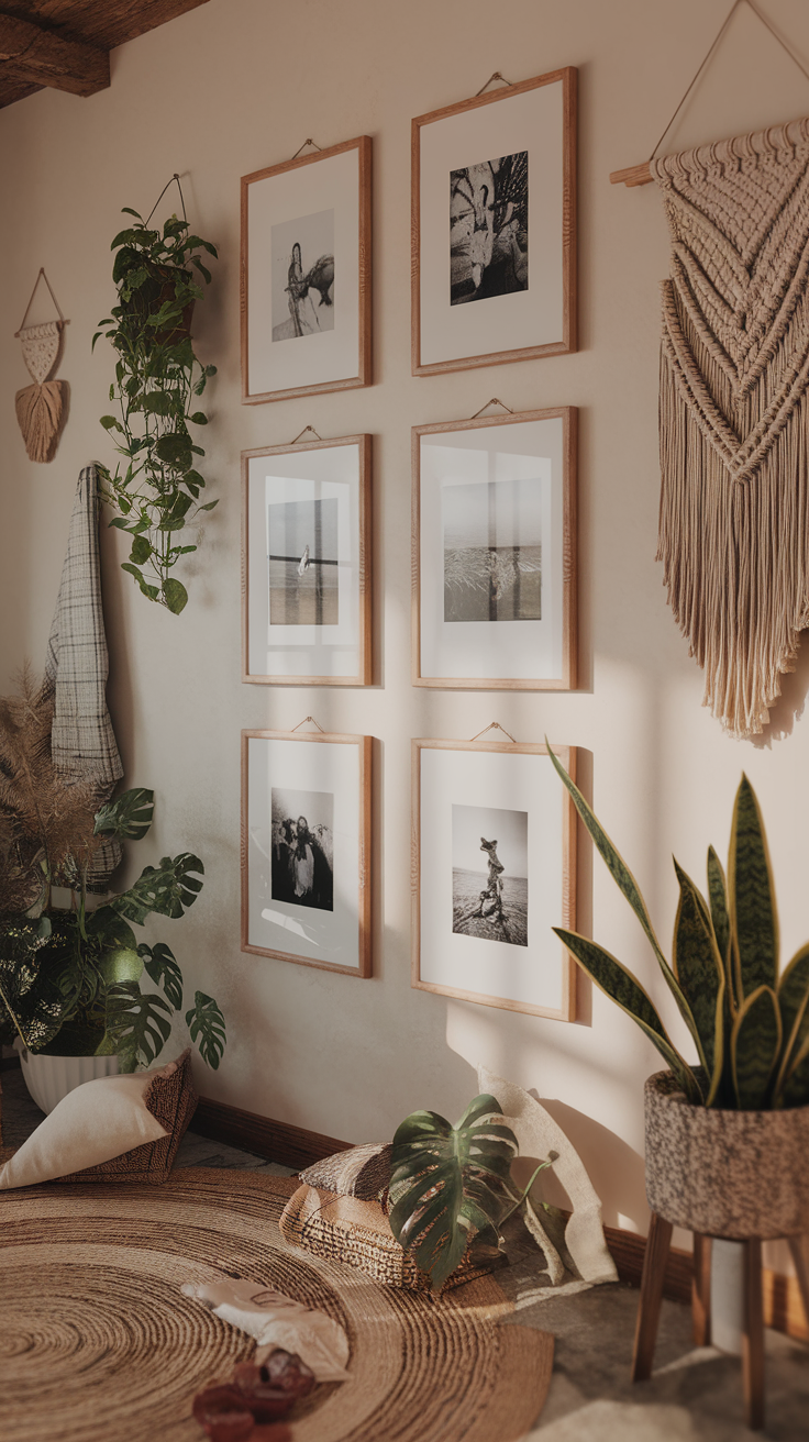 A cozy bedroom corner featuring minimalist photo frames and plants.