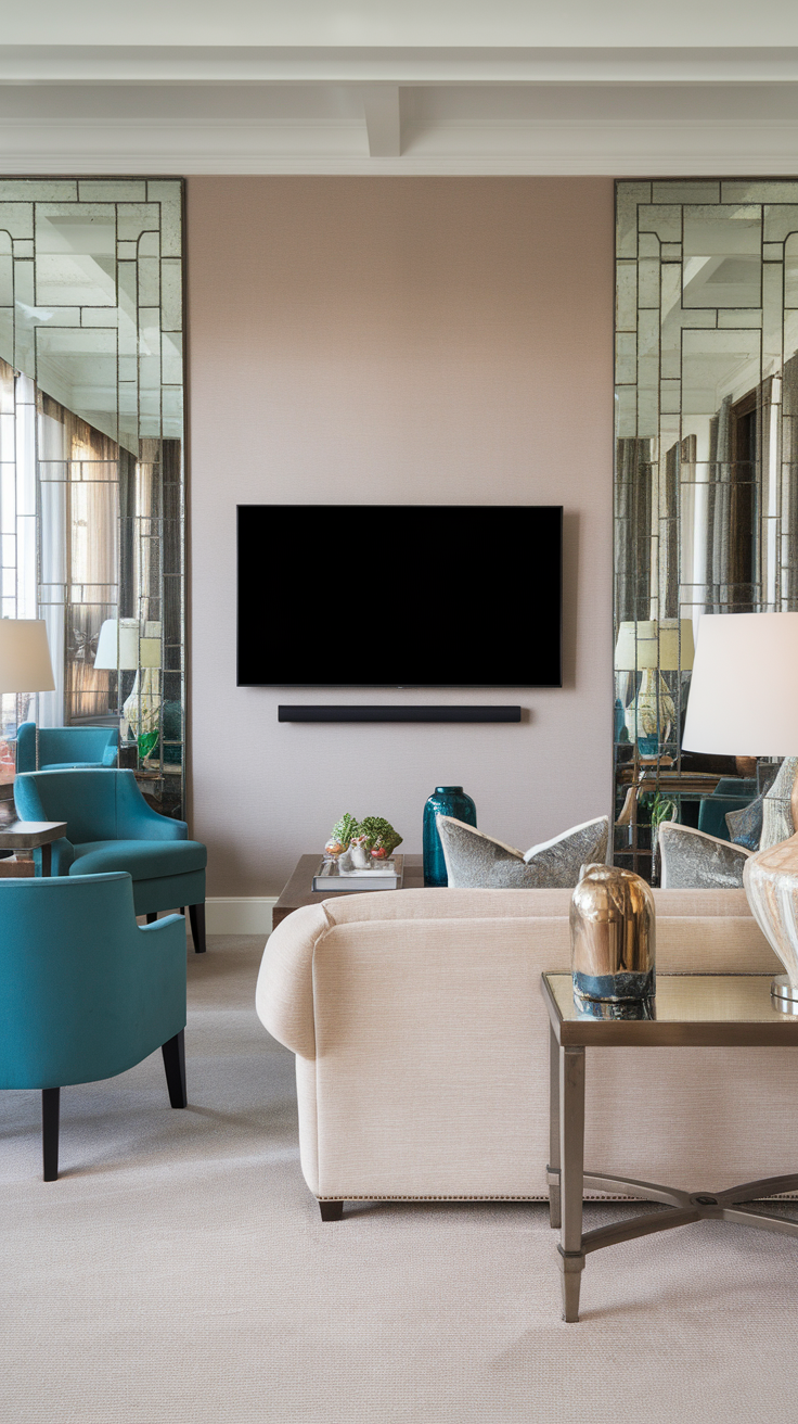 A cozy living room featuring a large mirror reflecting the furniture and TV wall.