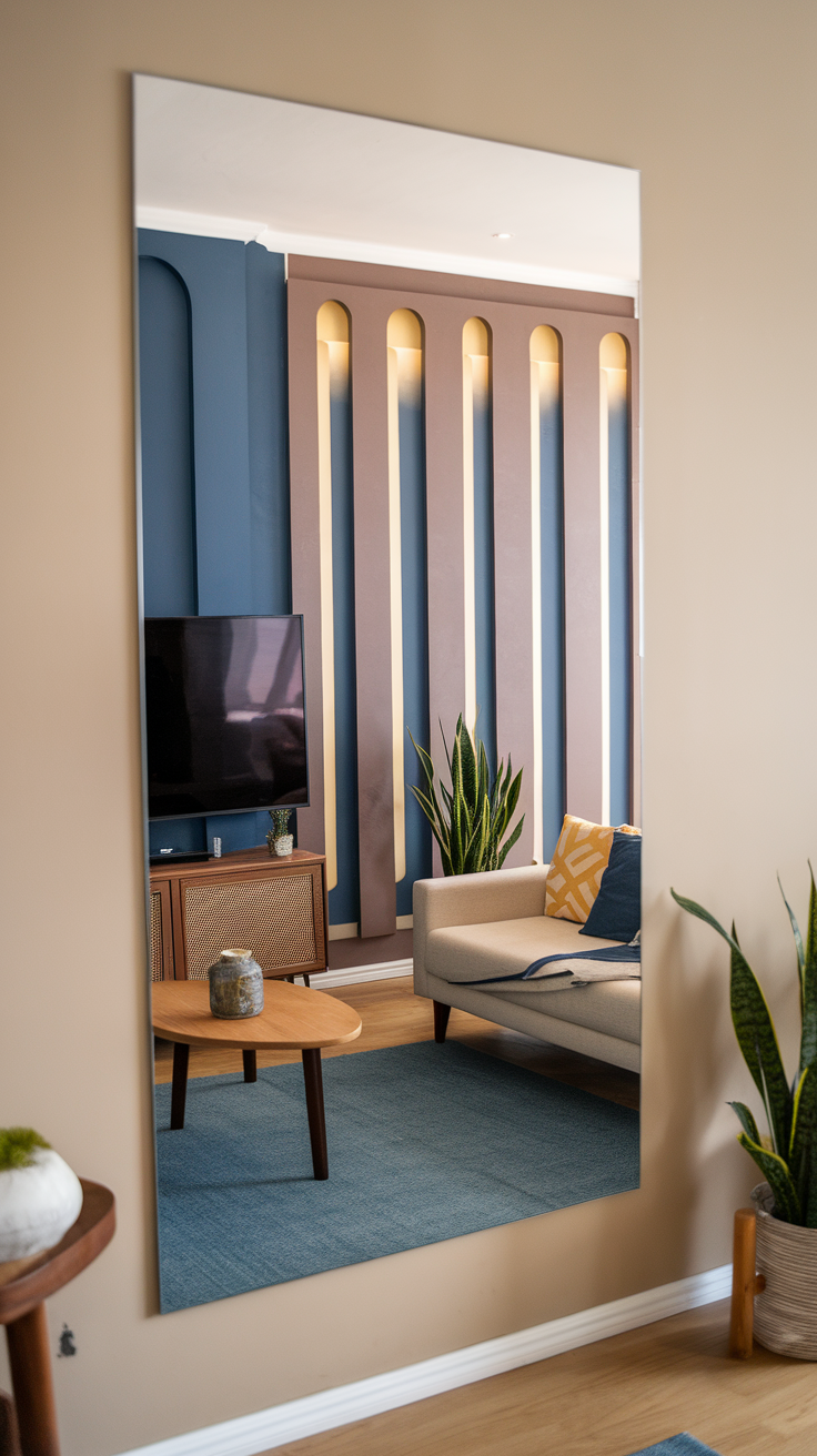 A spacious living room featuring a large mirror, stylish accent wall, and cozy furniture