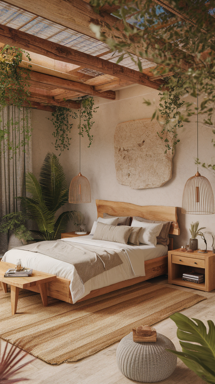 Cozy bedroom featuring natural materials with wooden furniture, plants, and soft lighting.