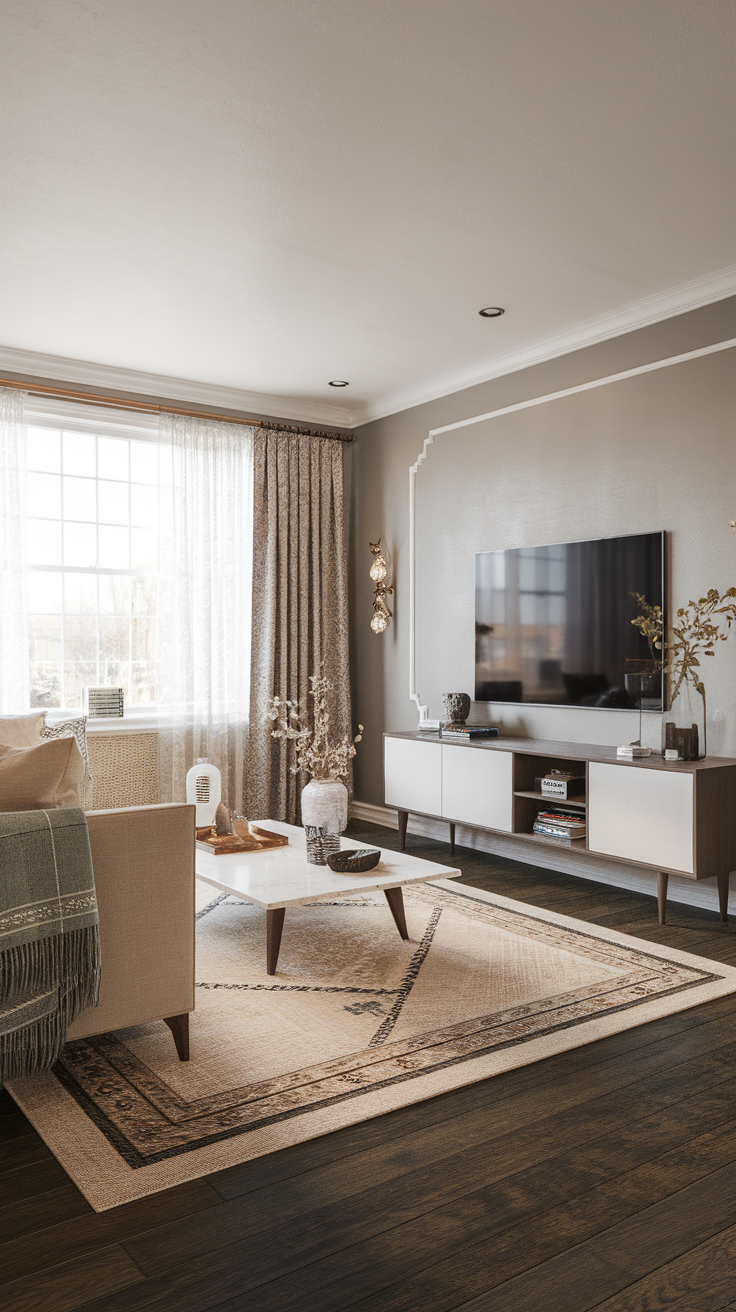 A cozy living room featuring a stylish rug, a TV wall, and elegant furnishings.