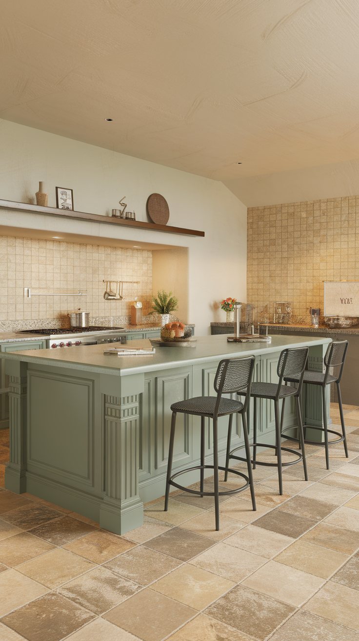 Chic kitchen featuring a sage green island with black stools and earthy tones