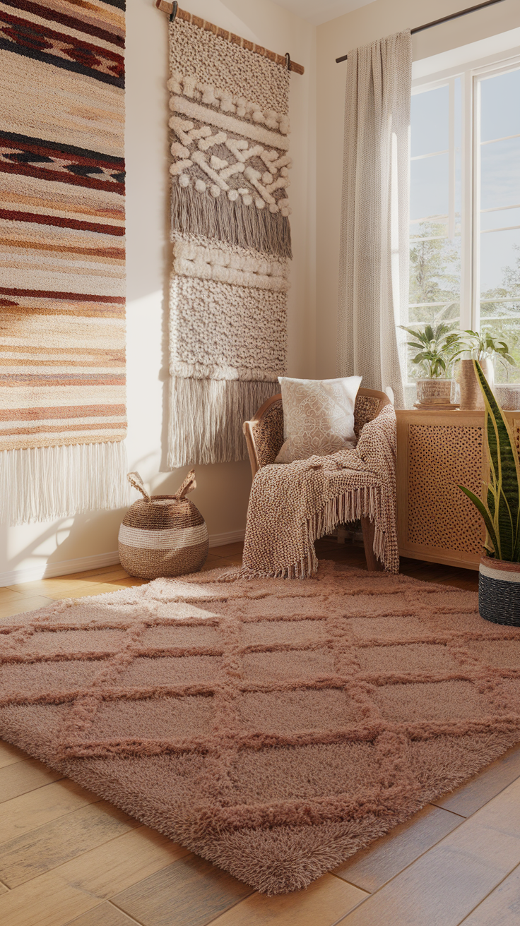 A cozy room featuring a soft area rug, woven wall hangings, and natural decor elements.