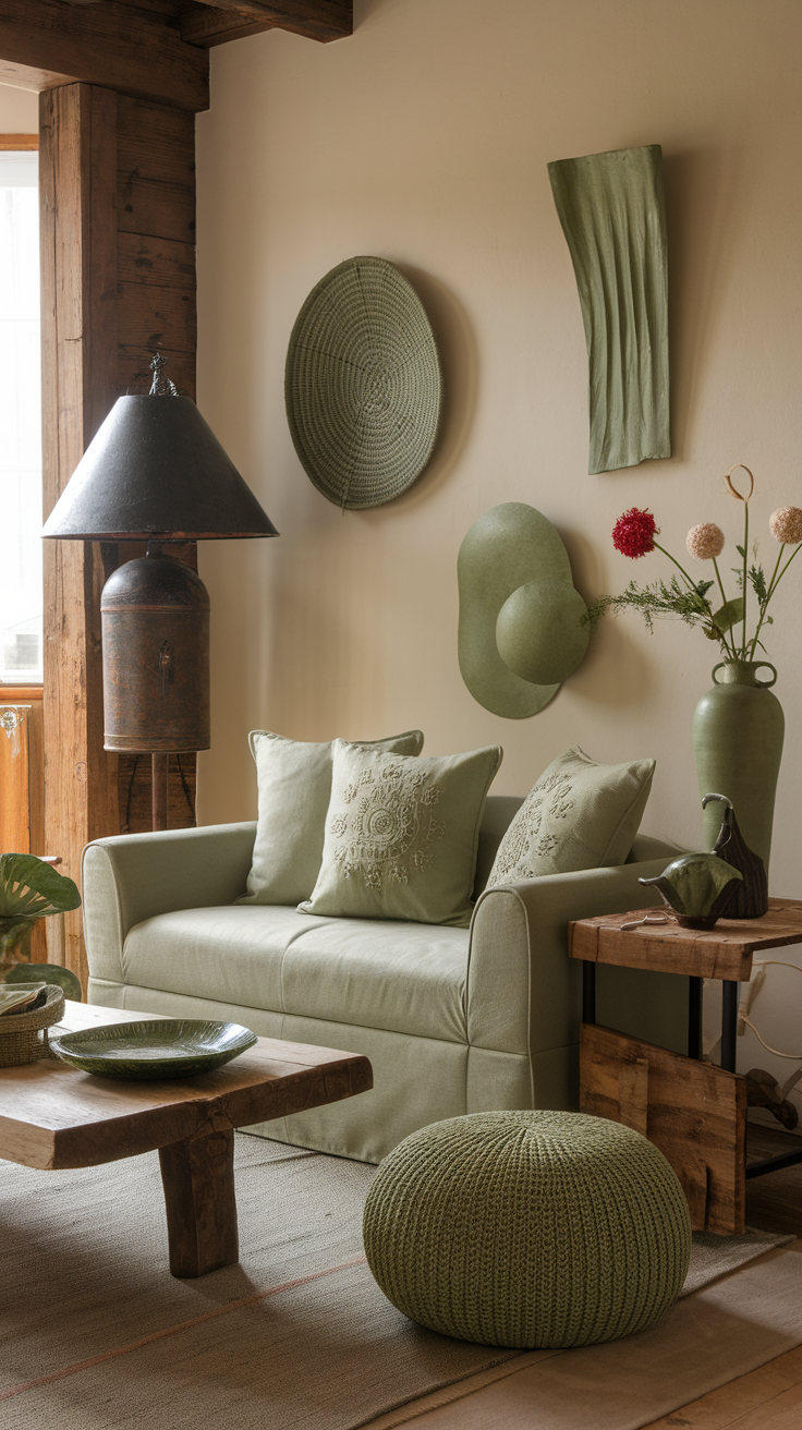 A cozy living room featuring sage green accessories in a farmhouse style.