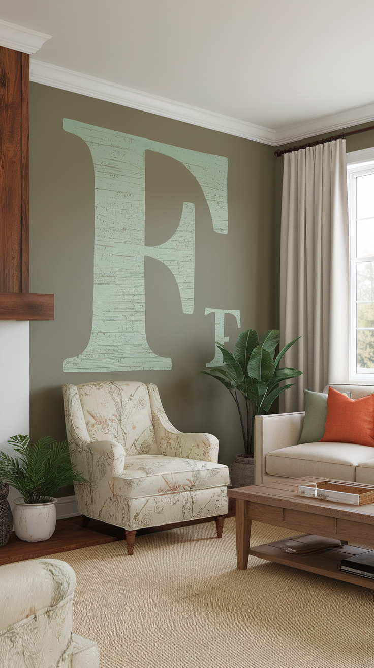 Cozy living room with sage green wall art featuring a large letter 'F'.