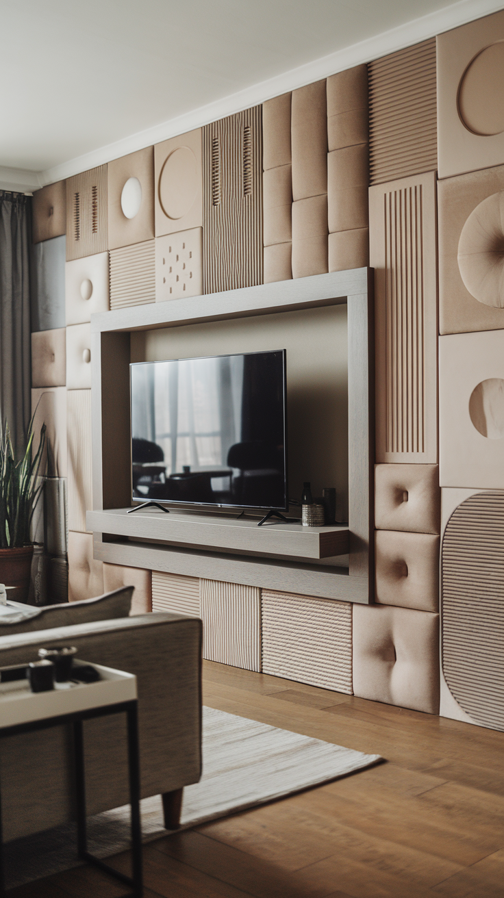 Textured wall panels behind a television in a cozy living room setting