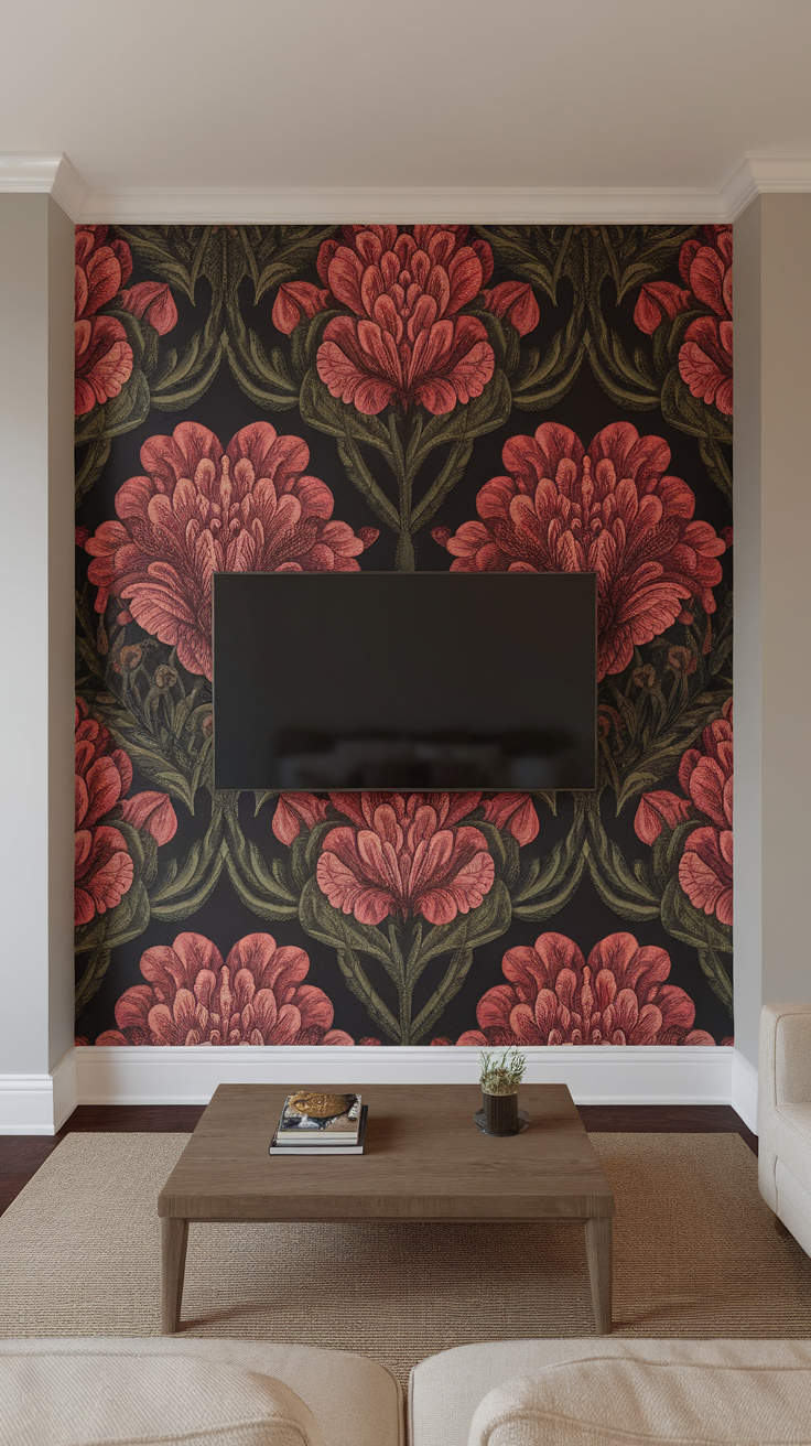 A living room with bold floral wallpaper behind a TV, creating a dramatic effect.