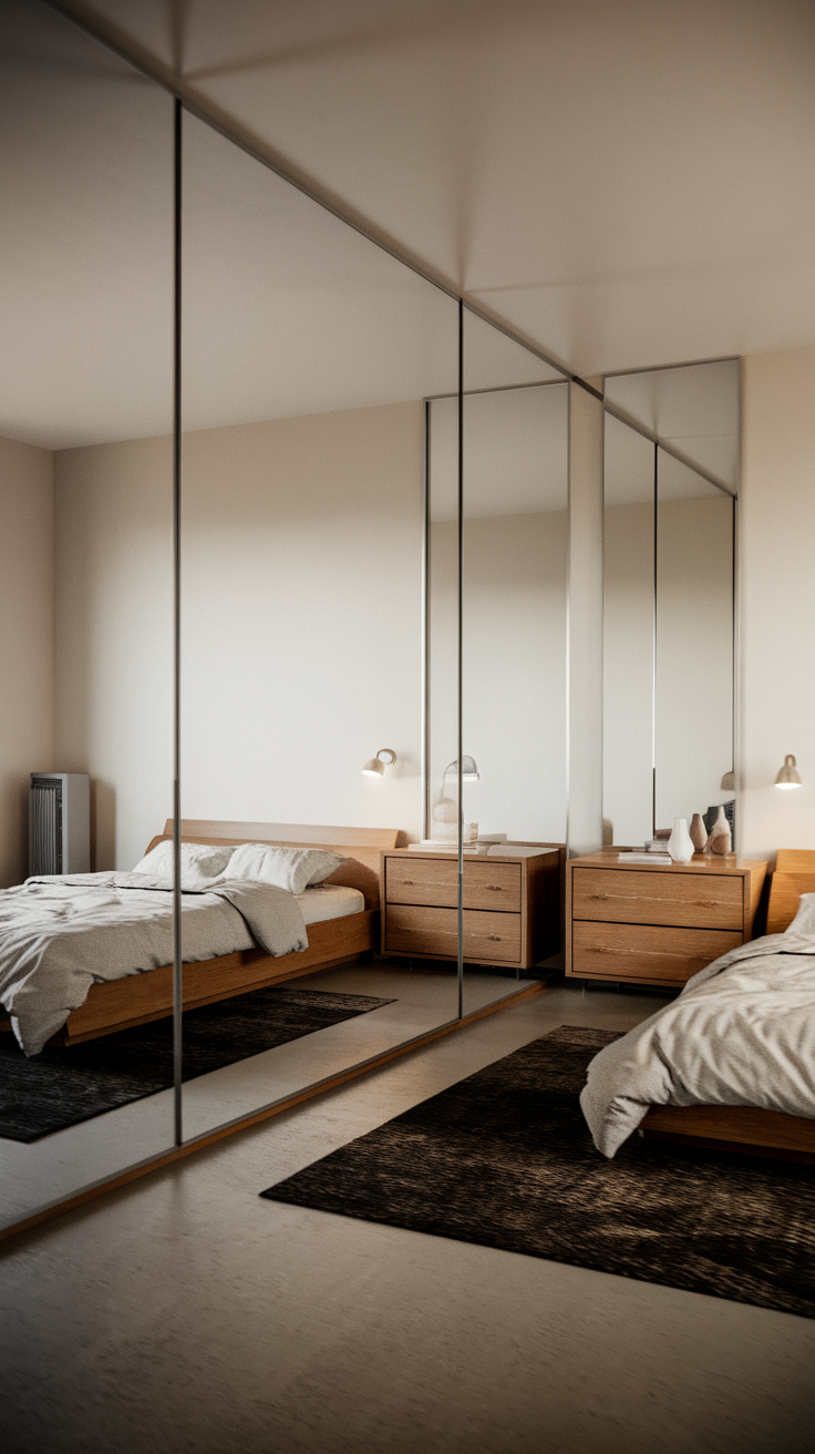 A cozy minimalist bedroom featuring large mirrors reflecting wooden furniture and soft bedding.