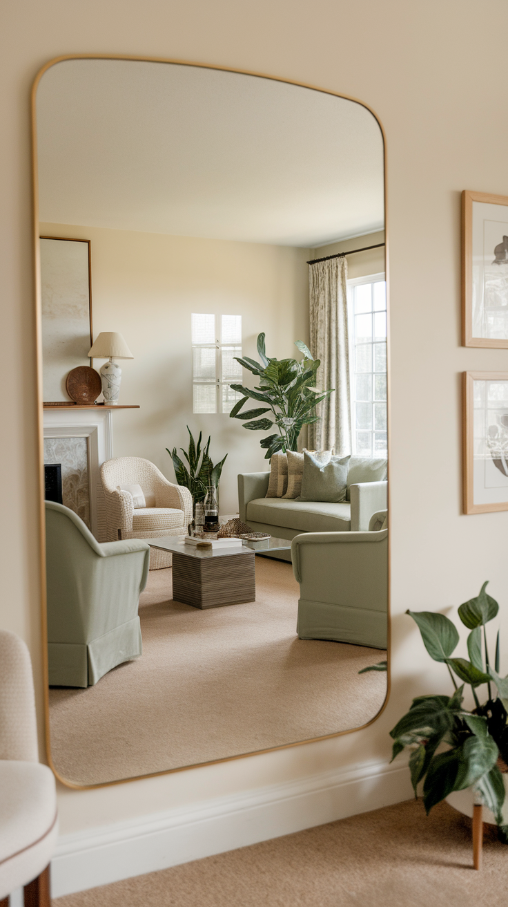 A cozy living room featuring sage green furniture reflected in a large mirror.