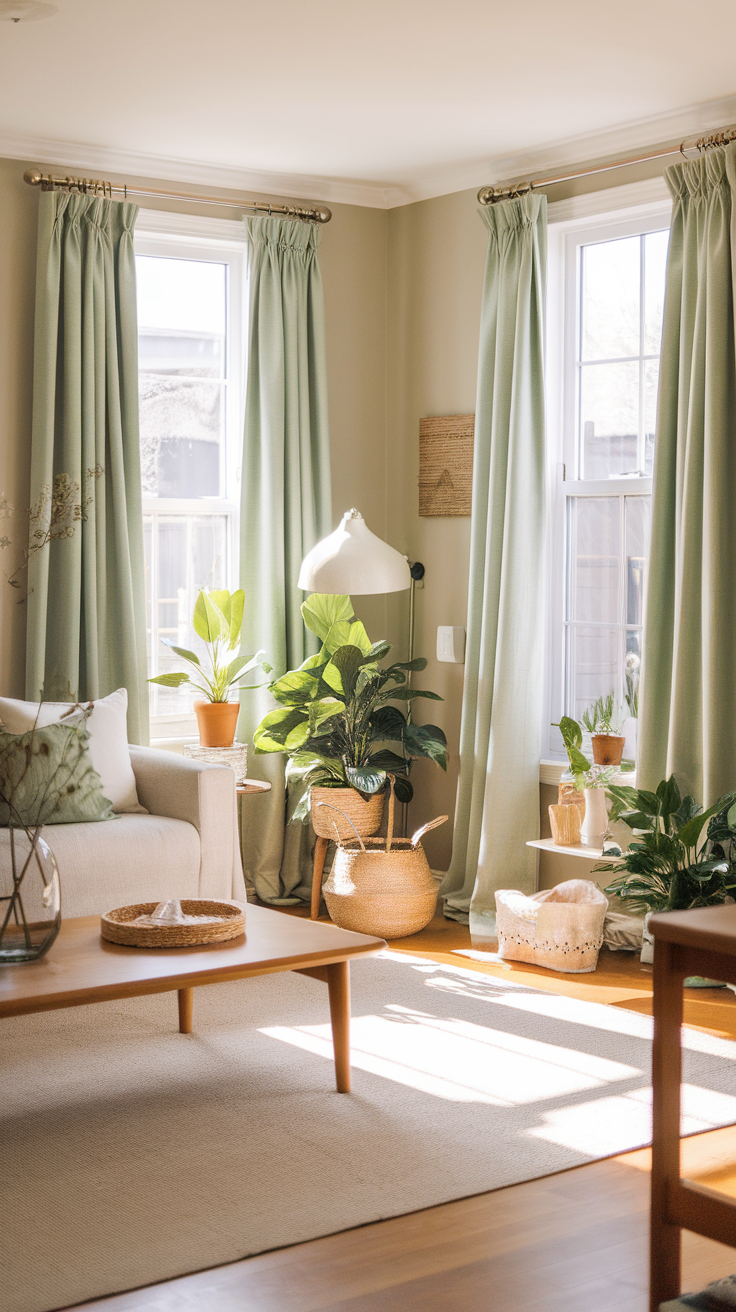 Cozy living room with natural light, sage green curtains, and plants