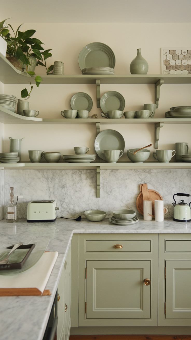 A kitchen with open sage green shelving displaying dishes and plants.