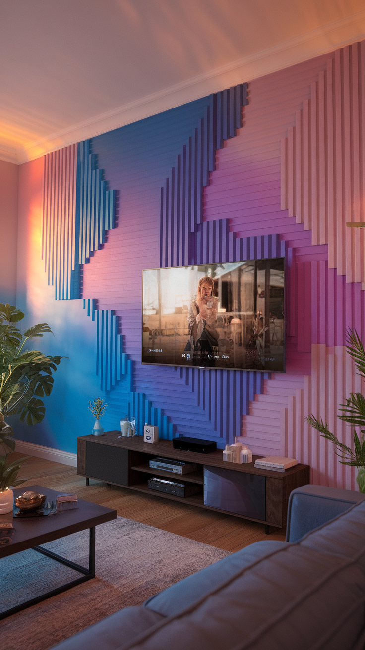 A vibrant living room with a geometric painted TV wall in shades of blue and pink.