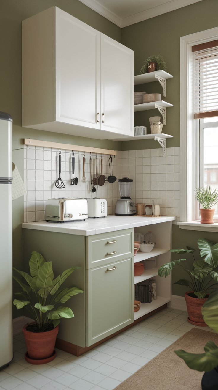 Cozy kitchen featuring sage green walls and cabinetry, with white shelves and plants.