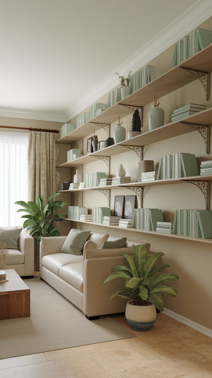 Cozy living room with sage green shelving displaying books and decor, featuring plants and comfortable seating.