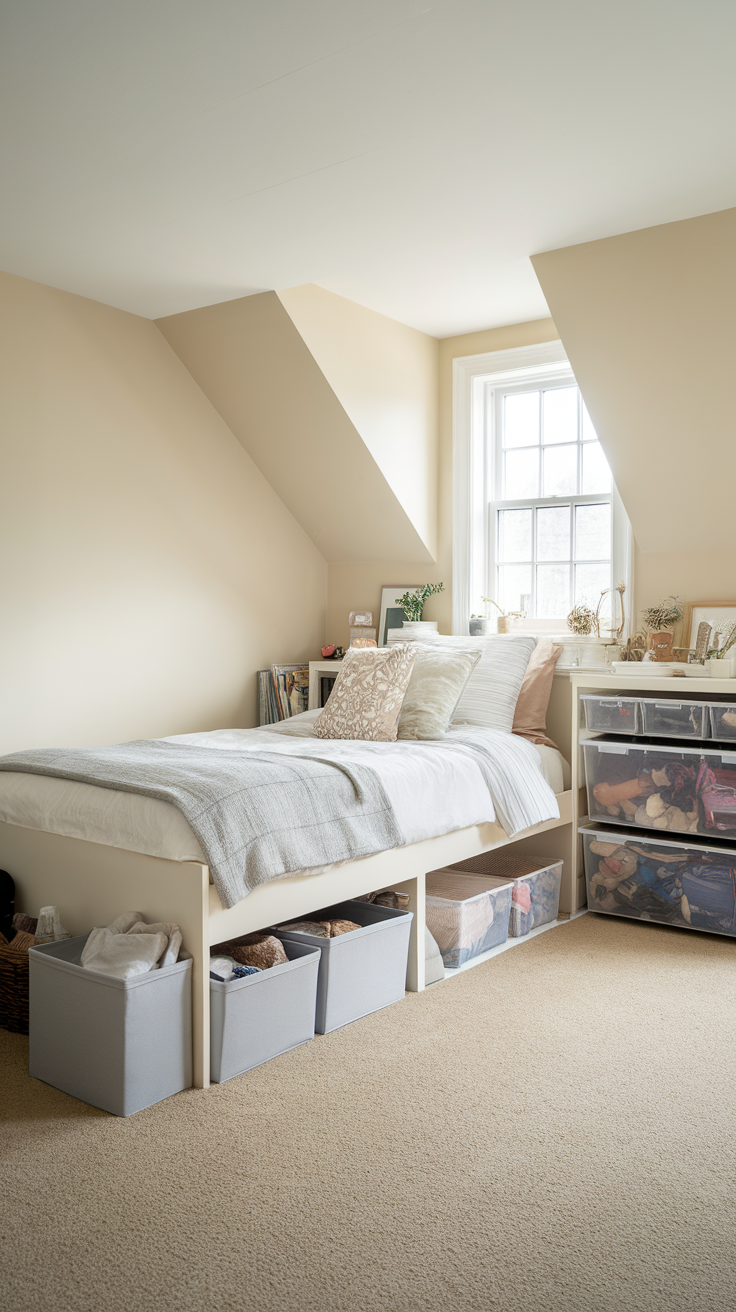 A cozy bedroom with a bed featuring organized storage boxes underneath.