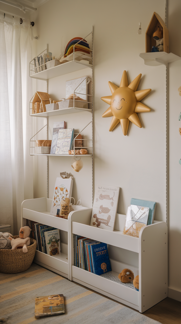 A cozy toddler bedroom featuring vertical shelving, books, toys, and a sun decoration.