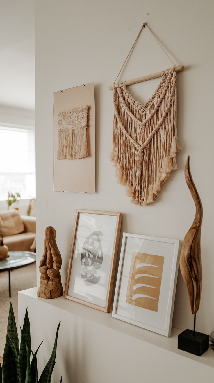 A cozy bedroom wall decorated with macramé art and framed minimalist designs.