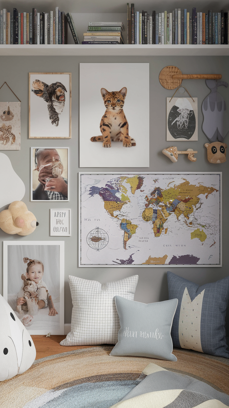 A toddler bedroom wall featuring playful animal art, a world map, and soft decorative pillows.