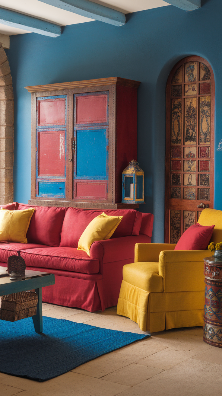 A colorful living room featuring red furniture and blue decor elements in a Spanish style.