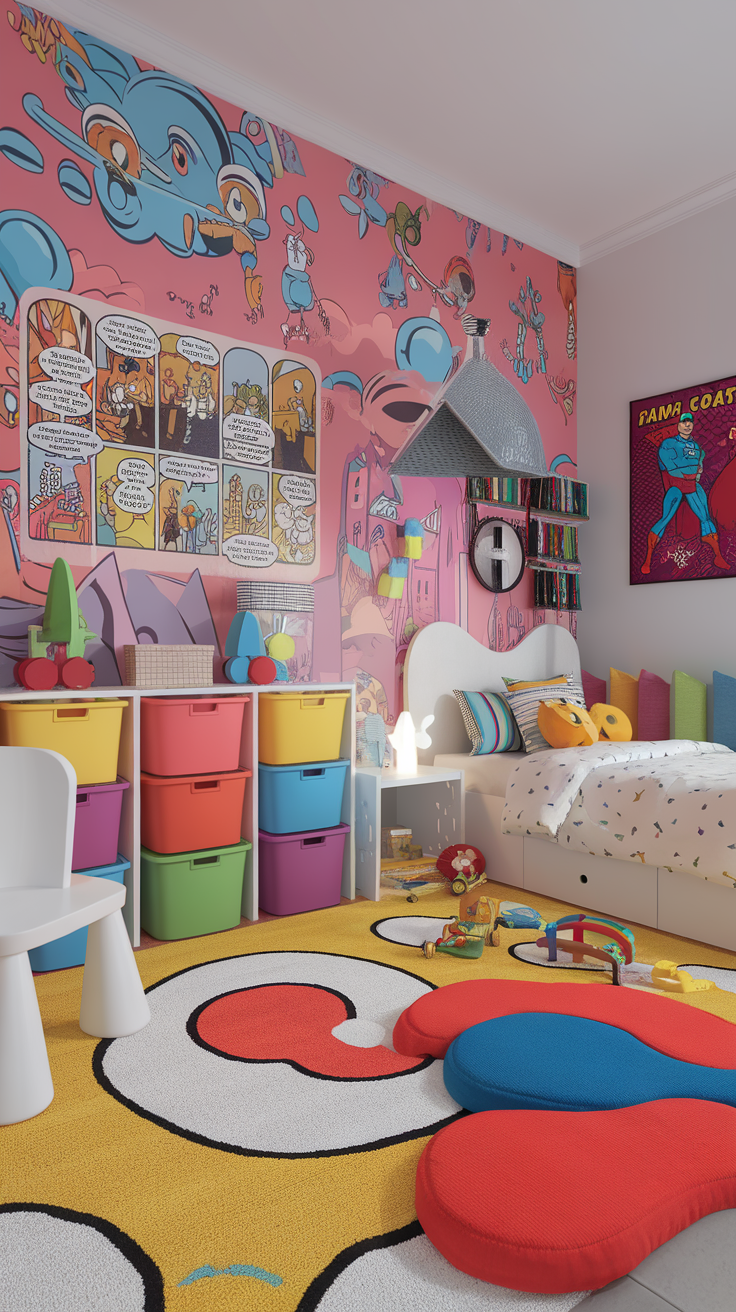 A vibrant kids' room featuring colorful wallpaper with cartoon characters, organized storage, and a playful rug.