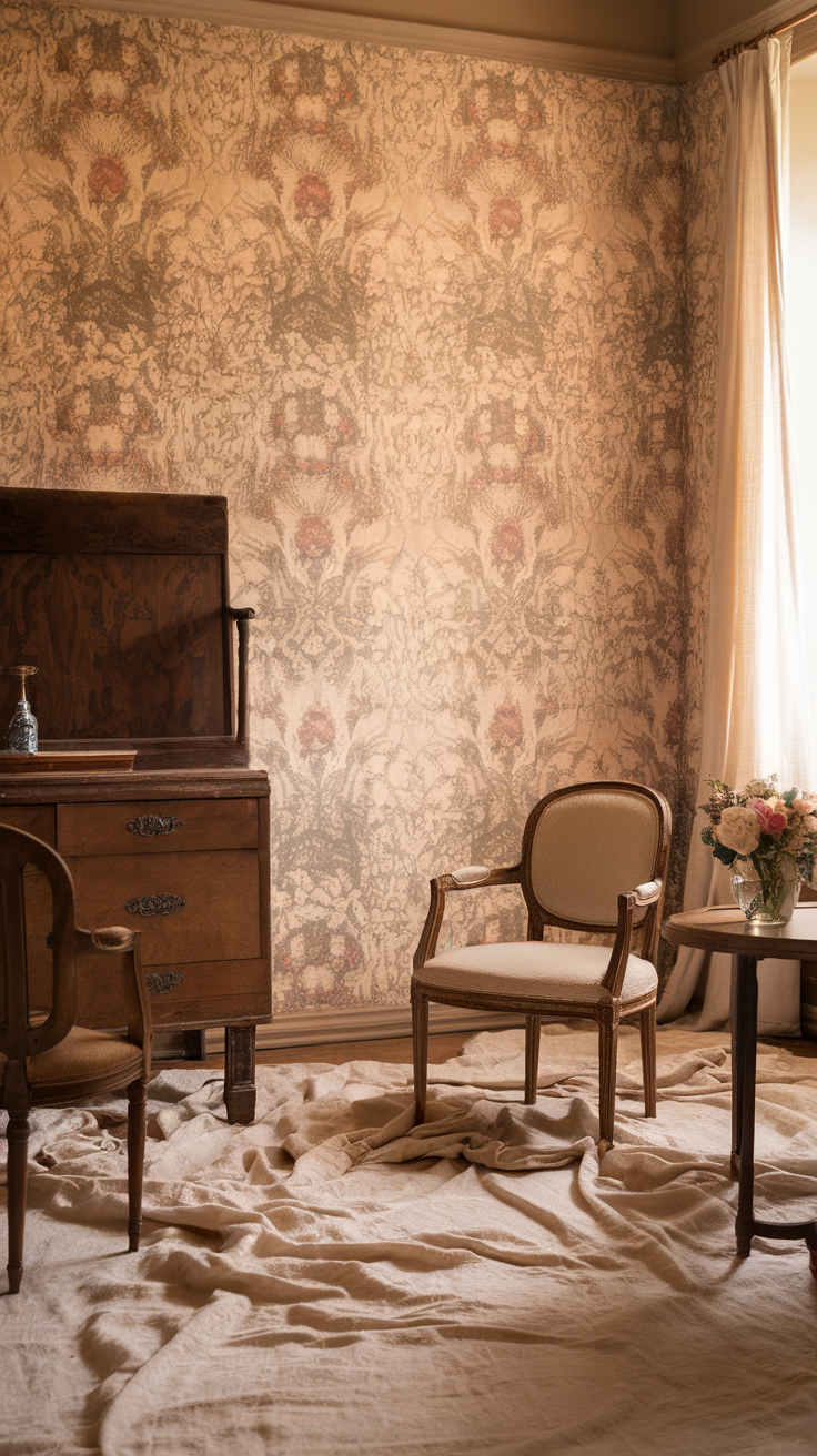 Living room with vintage botanical wallpaper and wooden furniture