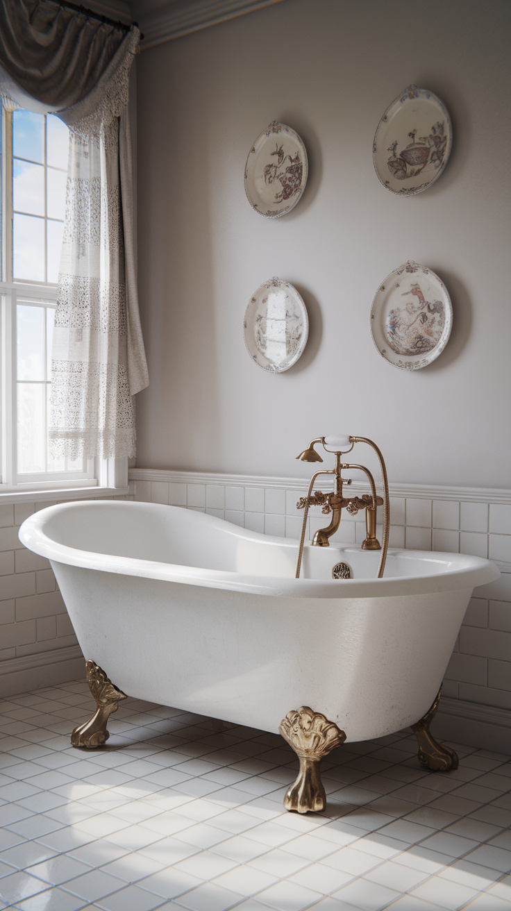 A vintage bathroom featuring a white clawfoot bathtub with gold legs, decorative plates on the wall, and soft natural light.