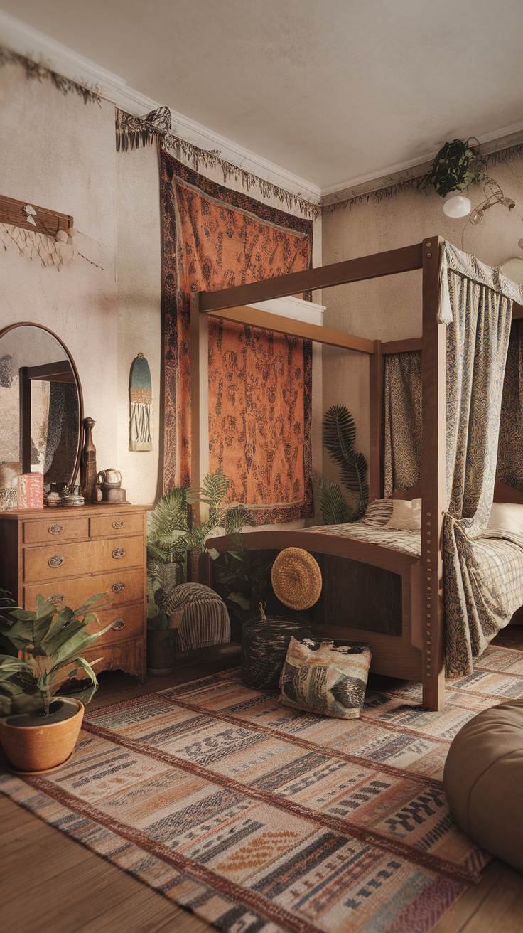 A cozy vintage bedroom featuring a wooden four-poster bed, patterned rug, and lush plants.