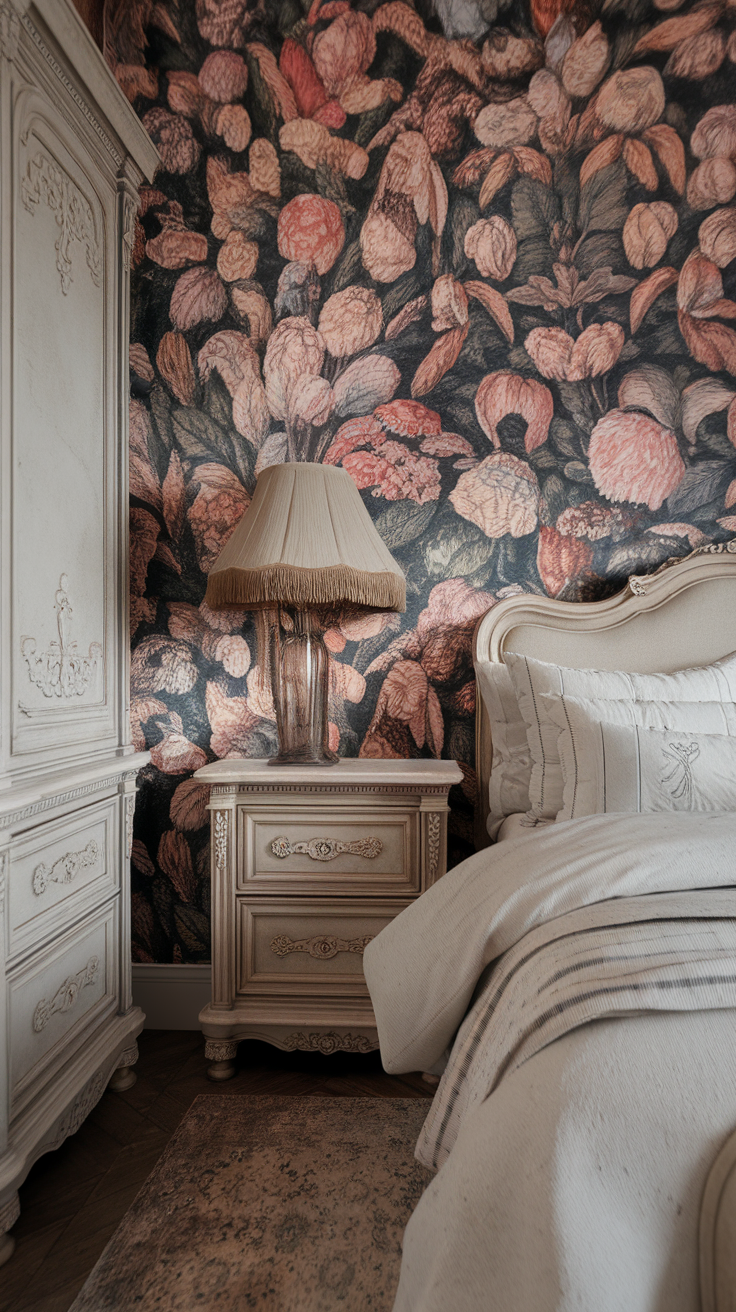 Vintage bedroom with floral wallpaper and elegant furniture