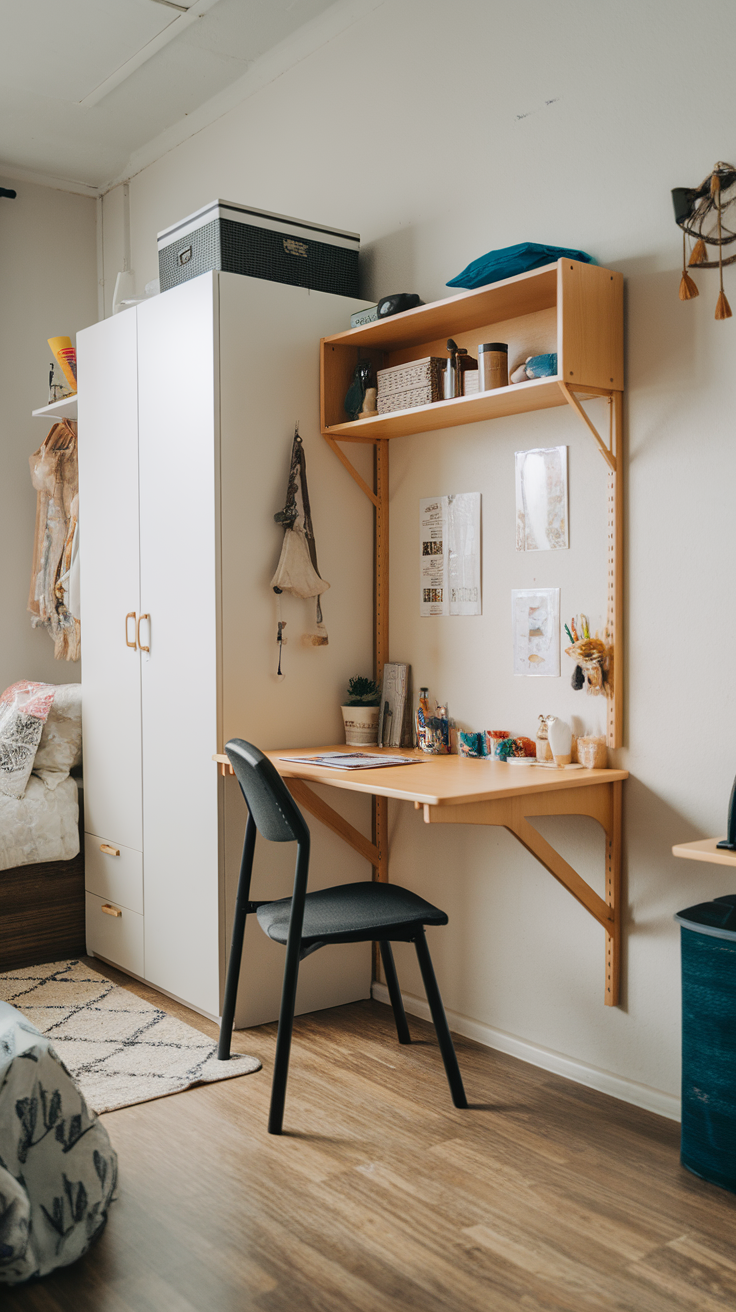 A neat dorm room showcasing a foldable wall-mounted desk with a shelf above it.