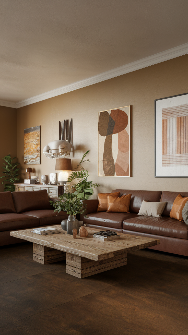 A warm brown toned living room featuring a leather sofa, wooden coffee table, and abstract artwork.