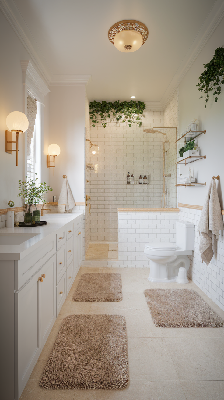 Modern Black & Gold bathroom featuring gold accents and warm lighting.