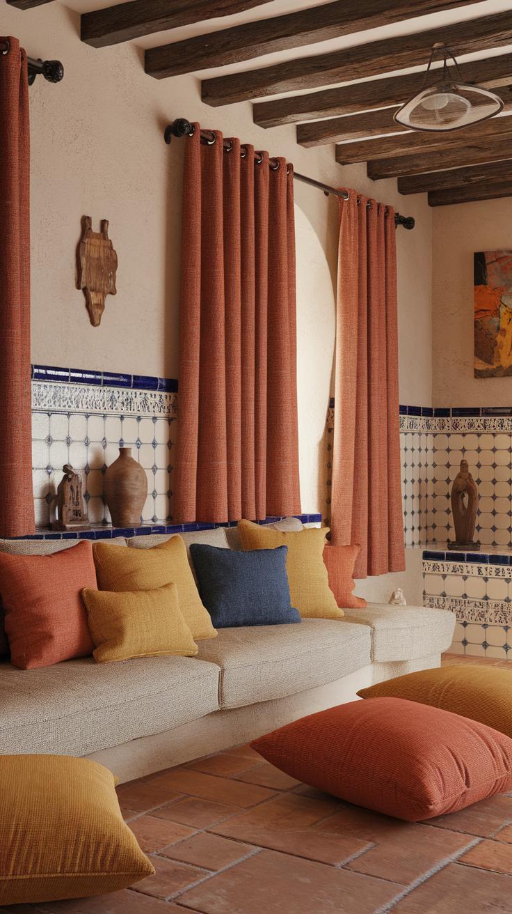 Cozy living room with warm textured fabrics, featuring colorful cushions and red curtains in Spanish style