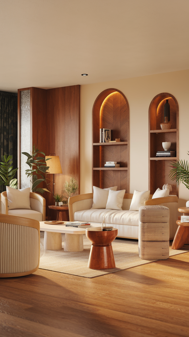 Cozy beige living room with warm wood accents and soft lighting.