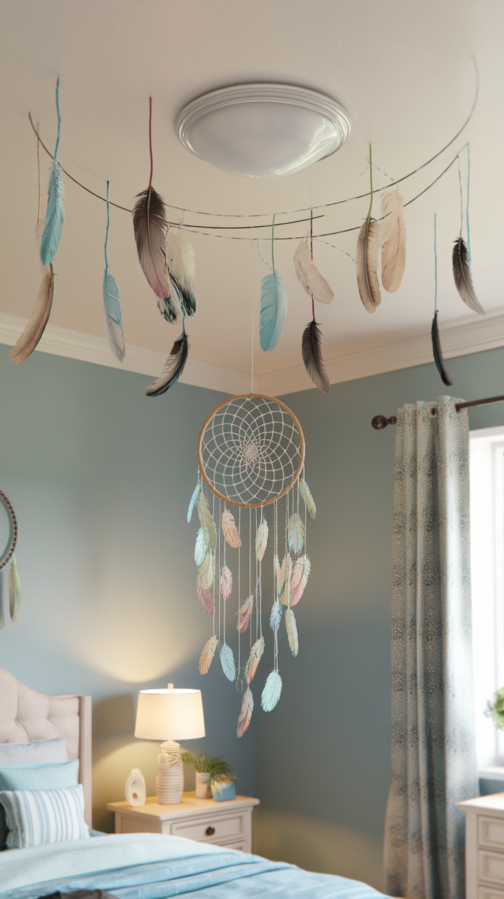 A whimsical ceiling decor featuring feathers and a dreamcatcher in a cozy bedroom.