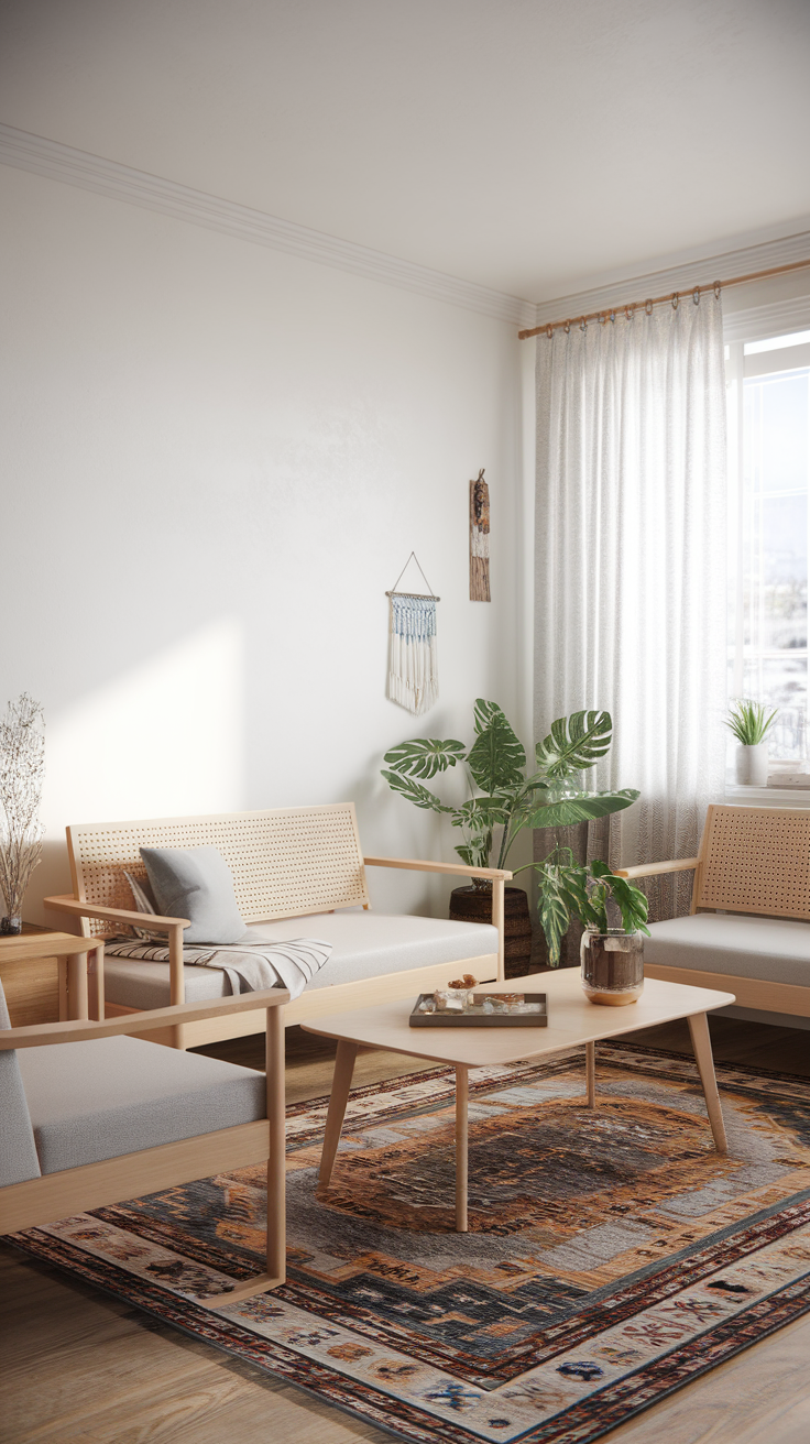 A cozy living room with white accent walls, light wooden furniture, and plants.