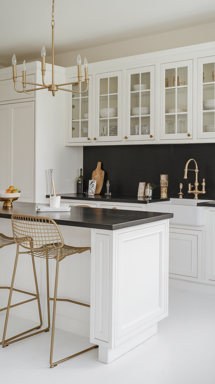 Modern kitchen with white cabinets, black countertop, and gold accents