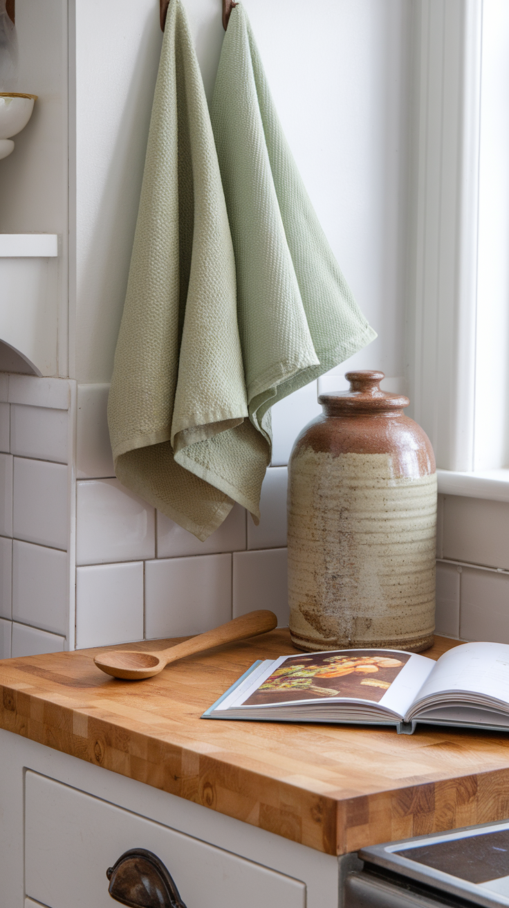 A kitchen featuring white cabinets, a butcher block countertop, sage green kitchen towels, and a ceramic container.