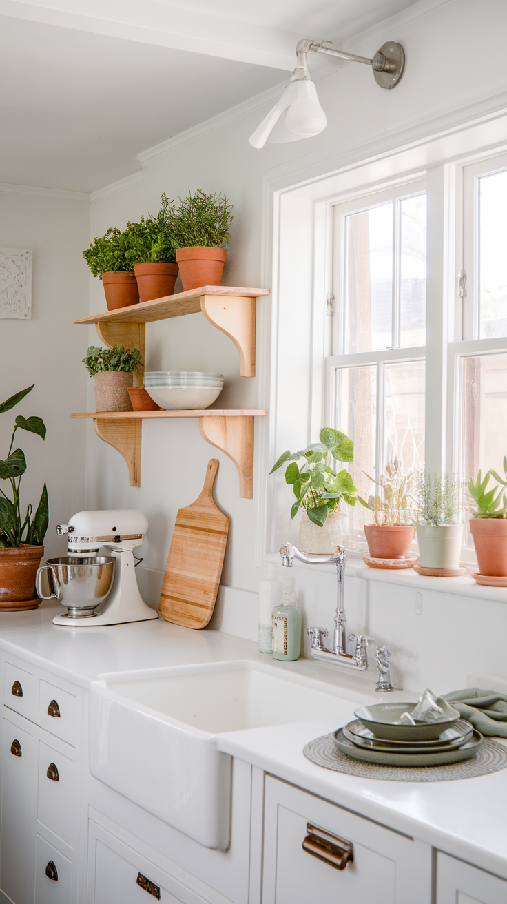 A stylish white kitchen featuring natural wood accents and sage green details.