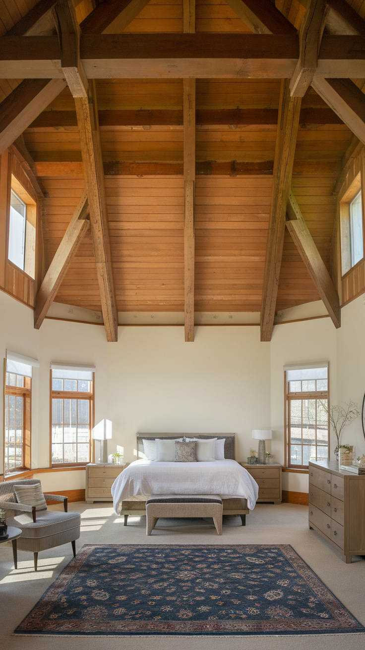 A cozy bedroom featuring wooden beams and high ceilings, with a large bed and natural light coming through the windows.