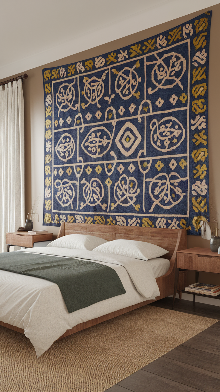 A woven wall tapestry in a bedroom with a navy background and colorful patterns, enhancing the room's decor.