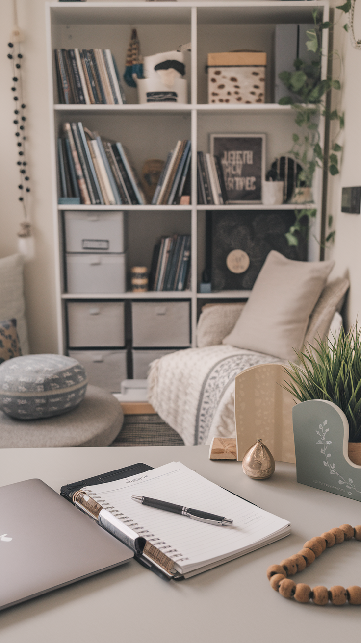 A serene dorm room desk setup with a laptop, notebook, and plants, alongside a cozy chair and decorative items.