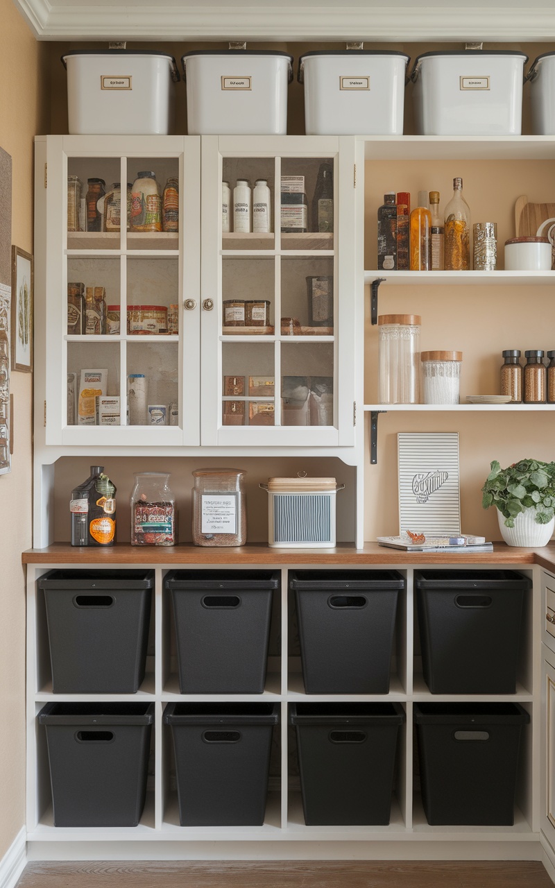 A stylish Scandi kitchen with organized storage containers, showcasing a mixture of glass jars and black bins for a clean and modern look.