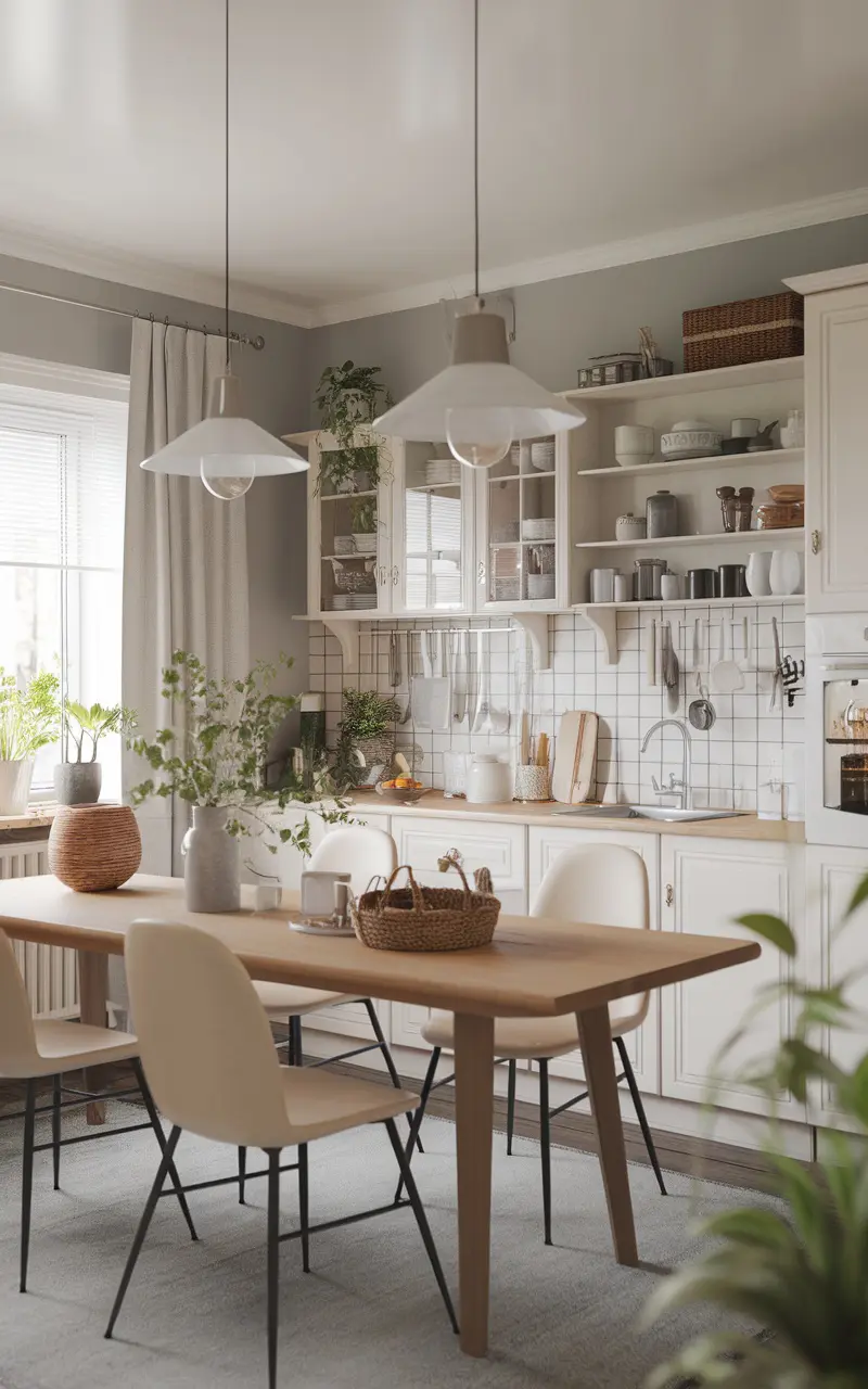 Scandi style kitchen with pendant lighting and wooden dining table