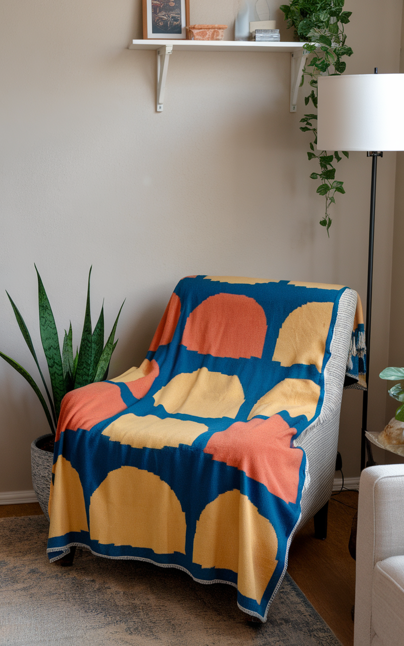 Cozy throw blanket on a chair in a living room corner