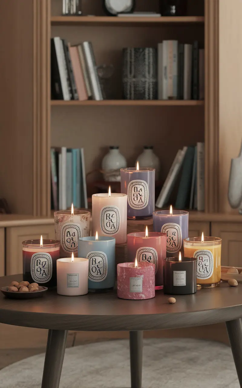 A collection of beautifully lit candles arranged in various colors and sizes on a wooden table, surrounded by books and decor.