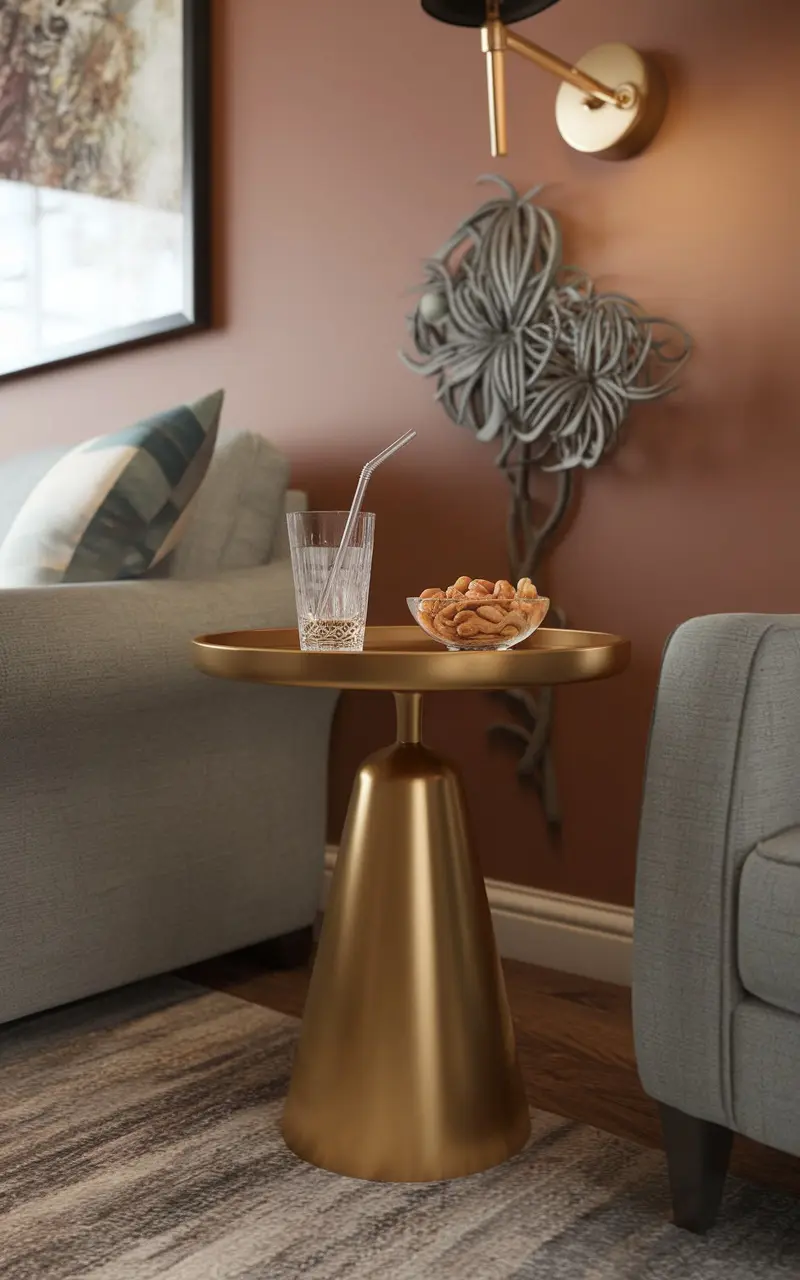 A stylish gold side table in a cozy living room corner with a glass of water and a bowl of snacks.